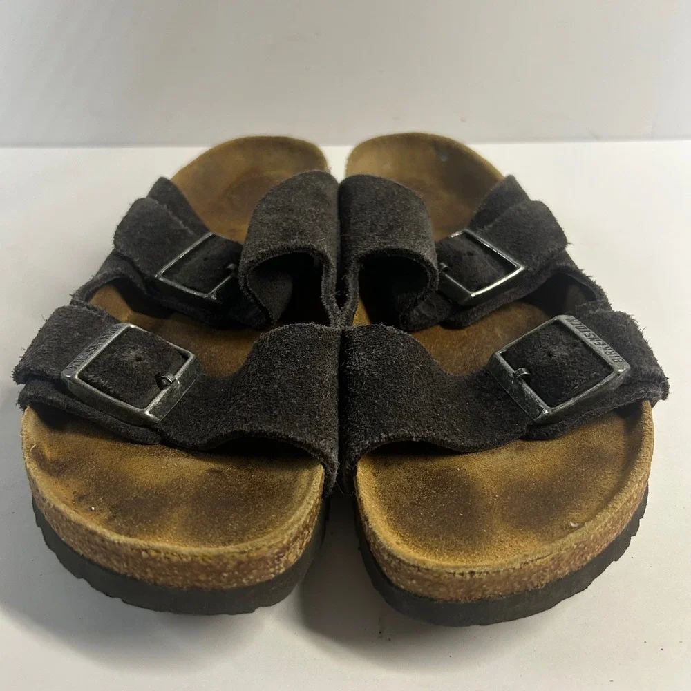 Birkenstock Arizona Suede Sandals Brown Size 8.5 39 Double Strap Cork Slides